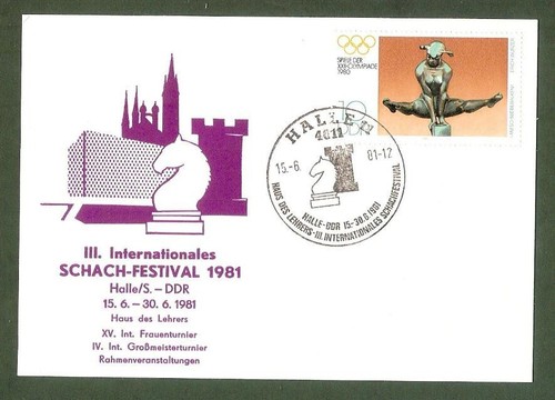 Germany-DDR 1981 Chess postmark CKM 8144 Halle Int. Chess Festival+souv postcard - 第 1/1 張圖片