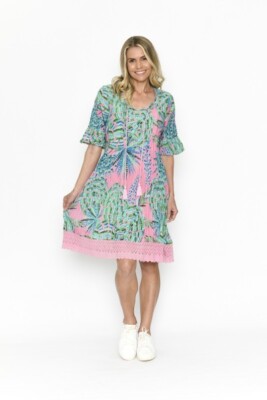 One Summer Hannah Cayman Pink Mint Tropical Boho Tunic Dress Cotton Size 10 VGUC
