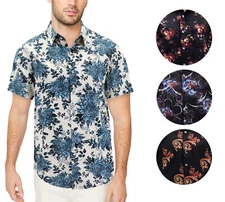 Men’s Cotton Short Sleeve Casual Button Down Floral Pattern Dress Shirt
