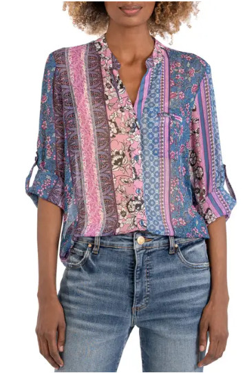 Kut From The Kloth Womens Button Up Sheer Top Size S Pink Blue Roll Tab Sleeve