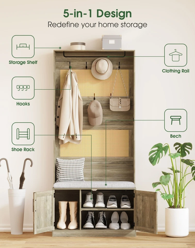 HOVANESTY Árbol de Salón con Banco de Almacenamiento de Zapatos Granja Perchero Organizador Gris Foto 2 de 4