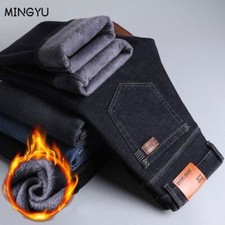 Casual Jeans Warm Fleece Cotton Slim Denim Pants Straight Trousers Stretch Jean