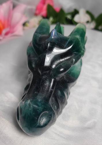 4" A+ 331g Glücklicher grüner Fluorit Drachenkopf Schädel Kristall Schnitzerei Stein Statue - Bild 21 von 24