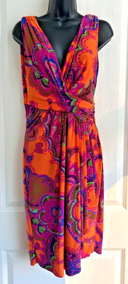 Lauren Ralph Lauren Paisley Faux Wrap Dress Size 6 Boho Tropical Vacation Orange - Image 2 of 4
