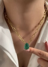 10Ct Pear Cut Simulated Green Emerald Necklace 14K Yellow Gold Plated Silver