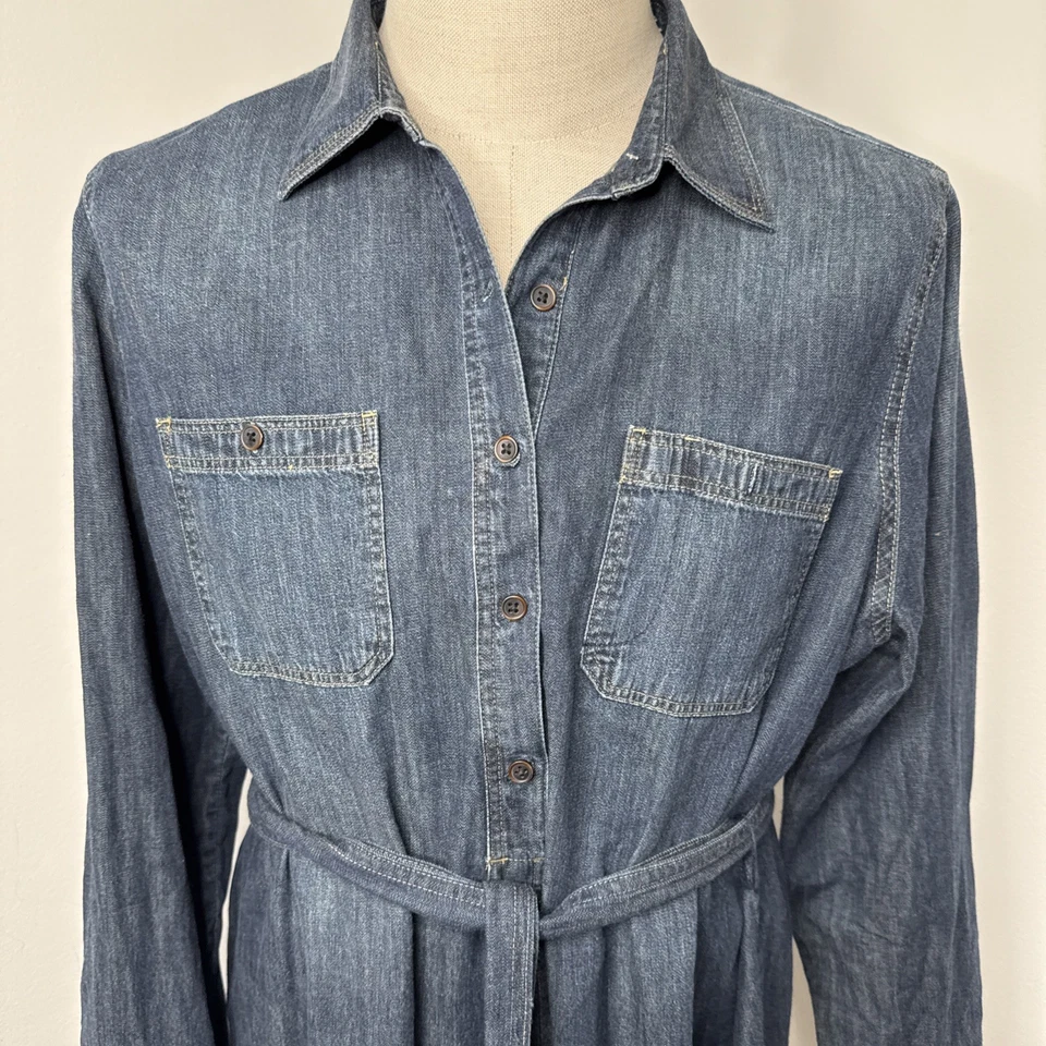 LAUREN RALPH LAUREN belted denim shirt dress size L Pockets Collar Side Slit - Image 2 of 4