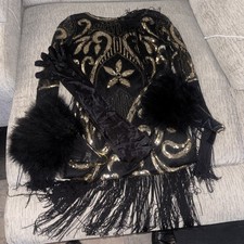 Babeyond 1920s Style Flapper Dress Size Large With Gloves And Feather Fans Black