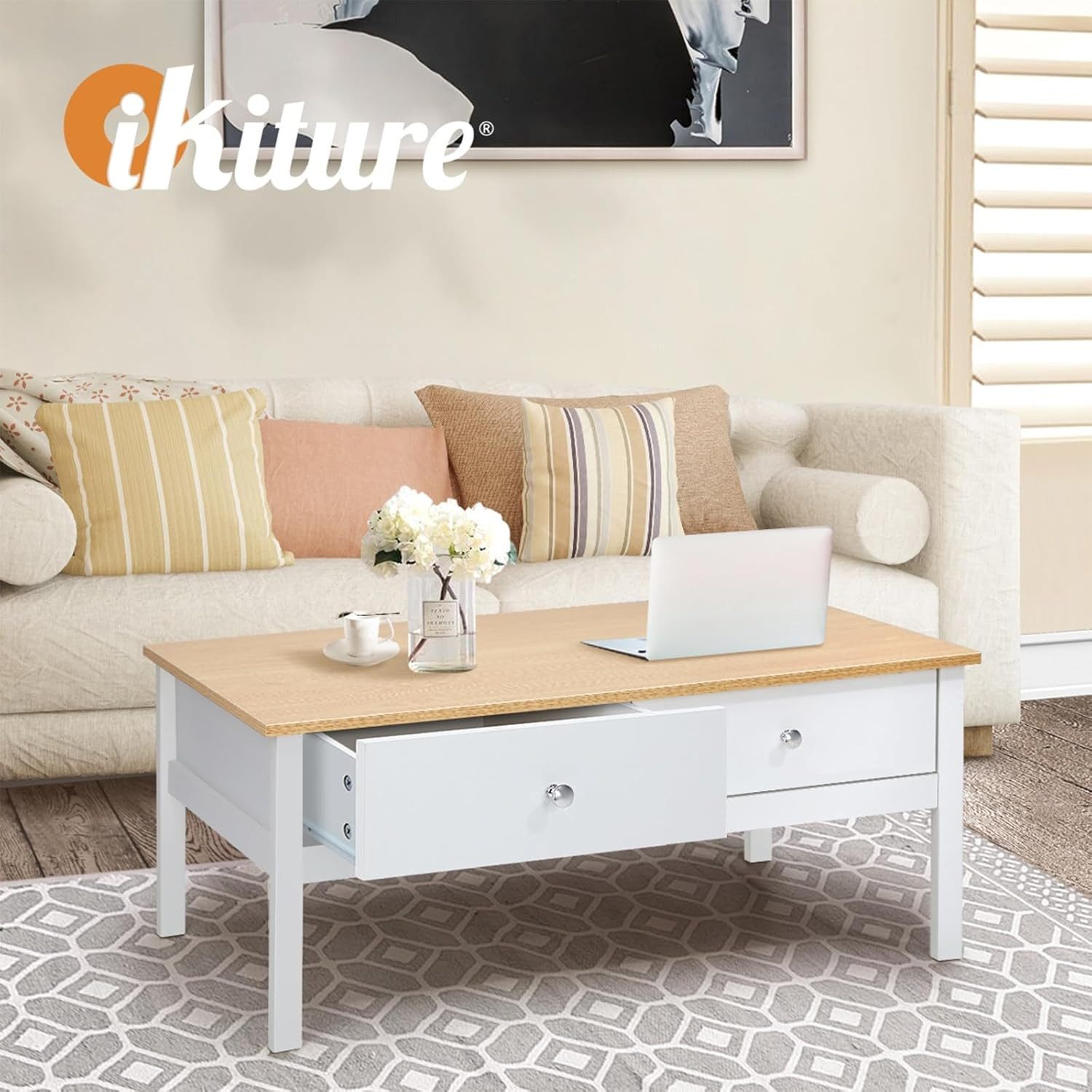 Coffee Table with 2 Storage Drawers Sofa Cafe Desk Natural White