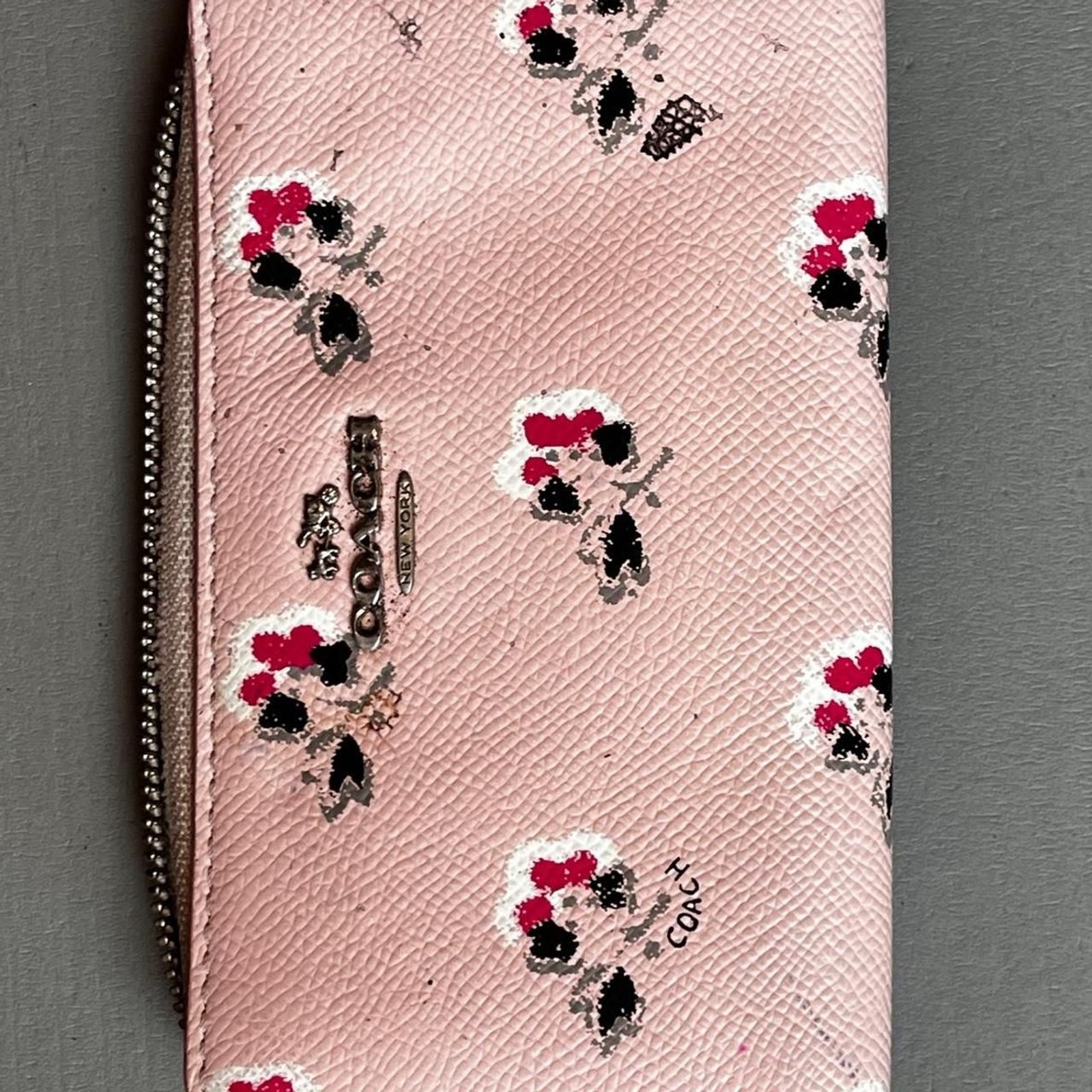 Coach Pastel Pink Pebbled leather floral print wallet