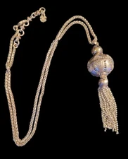 Vintage Lucky Brand Silver ORB  Ball Tassel Pendant Necklace 24” Fringes Filigre