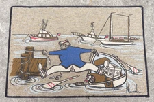 VTG Nantucket SIGNED "MERMADE" HOOK LATCH RUG W/ FISHERMAN BOAT PAINTING Cartoon