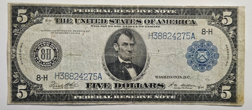 FR-875 1914 $5 F.R.N. OF CHICAGO (WHITE/MELLON) H38824275A - Picture 1 of 6