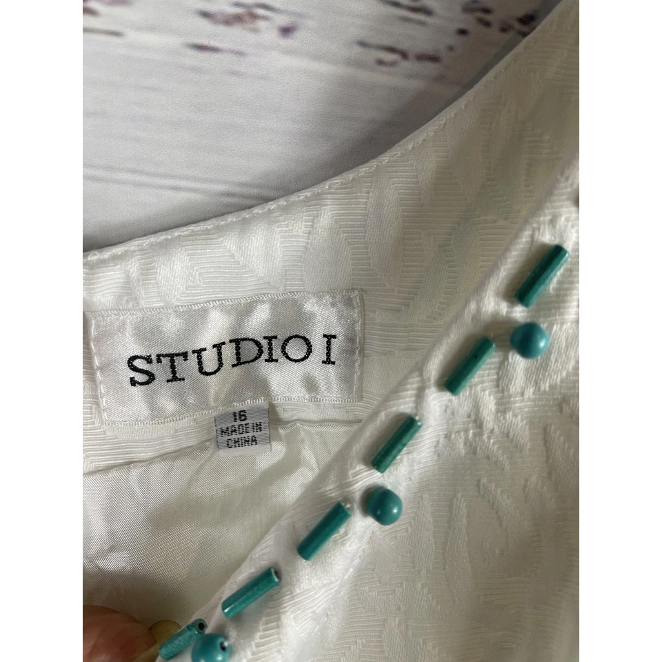 Vestido Studio I Para Mujer 16 Blanco Jacquard Cuentas Cuello Sin Mangas Forrado Cóctel Foto 3 de 4