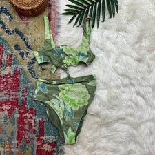 Aerie Green Flower Floral Cut Out One Piece Swimsuit Medium Vacation Beach
