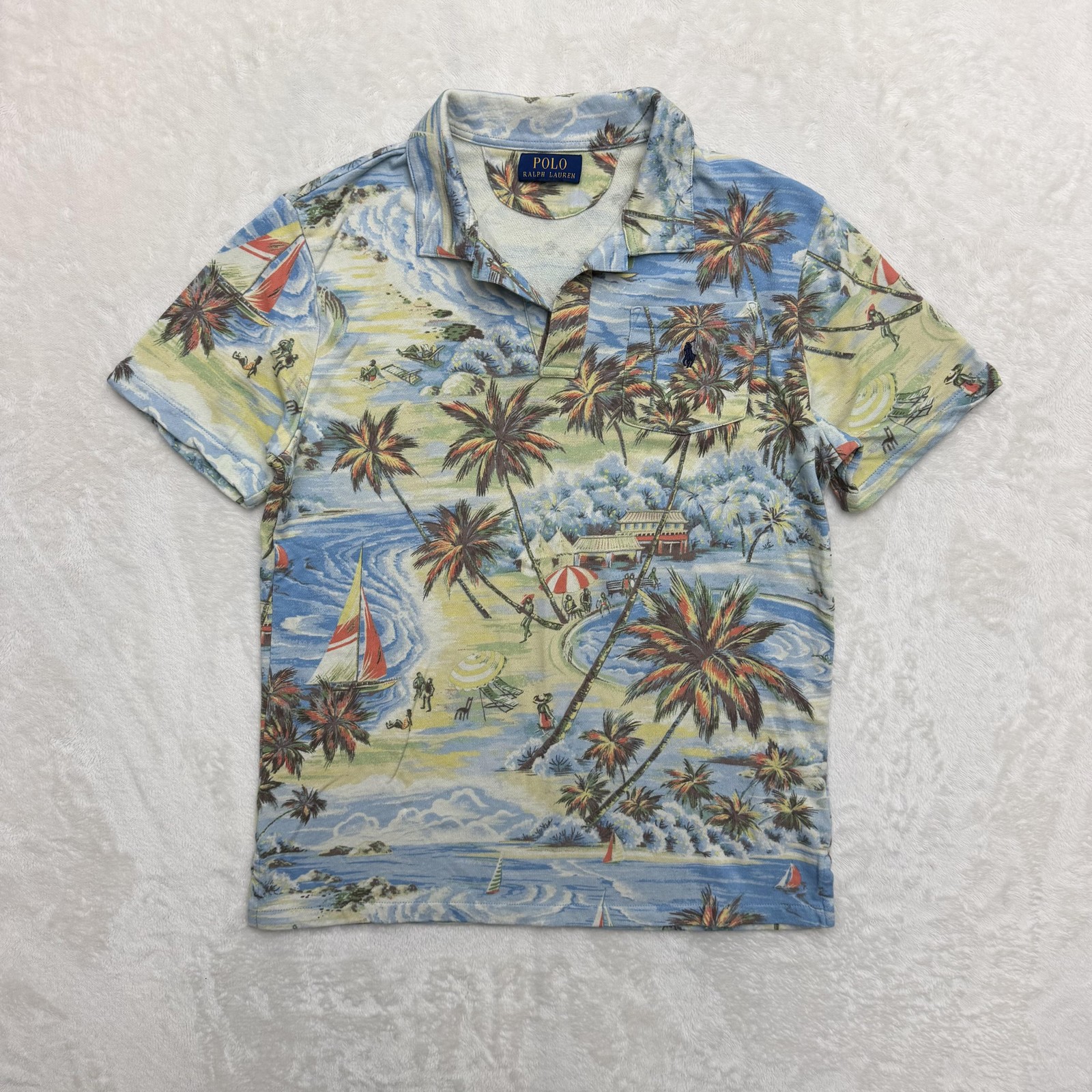 Ralph Lauren Polo Shirt Mens Medium Multicolor Tropical Beach Scenic Print