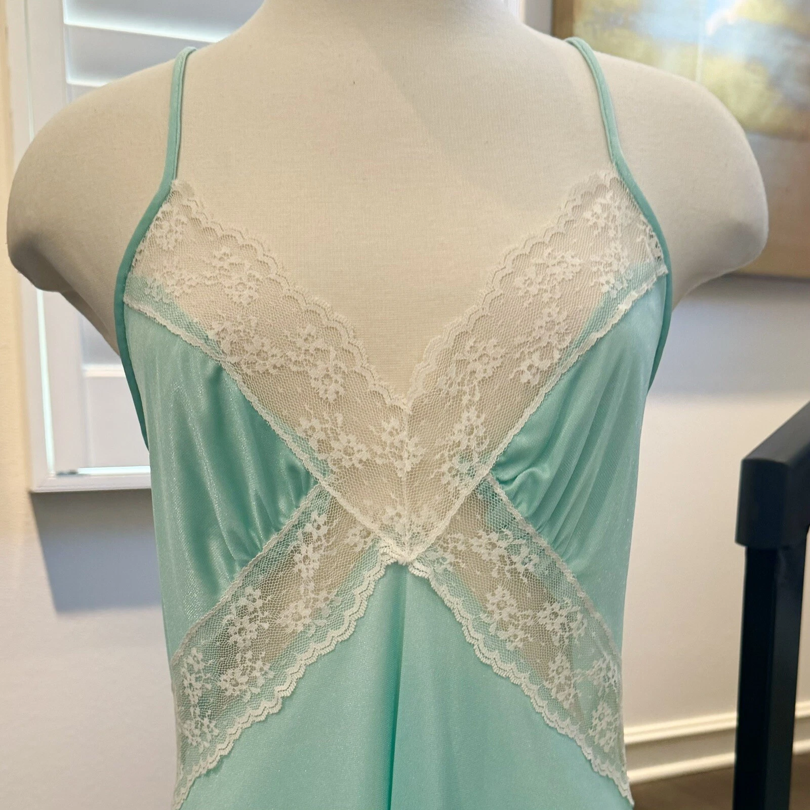 UNDERCOVER Maxi abito slip vintage anni '80 raso seta pastello verde pizzo pizzo L