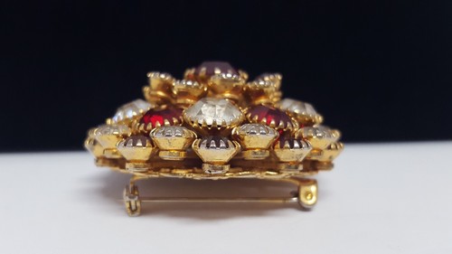 Red White Rhinestone Domed Stacked Brooch Star Pin Round Chunky Vintage Glass - Picture 15 of 22
