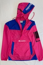 Columbia Women's Windbreaker Pullover Hood Raincoat 1/2 Zip Size Small Pink/blue