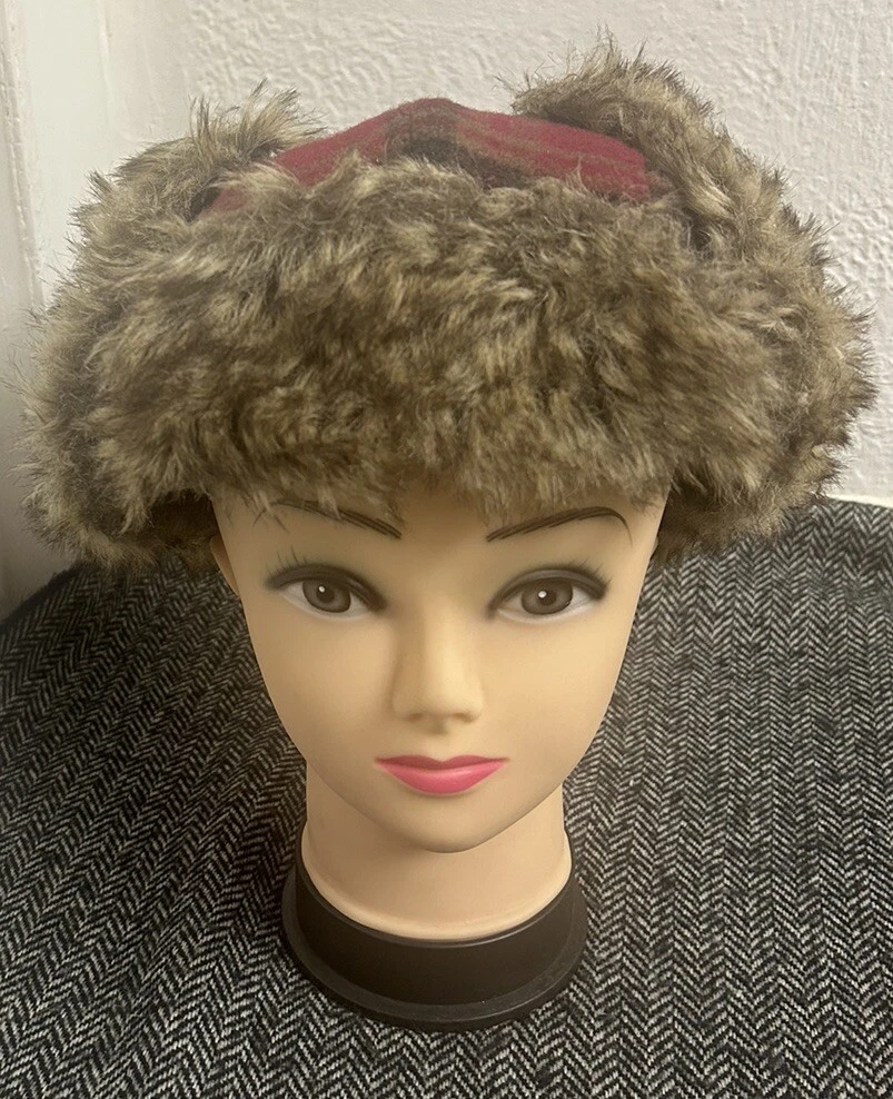 Marks And Spencer Faux Fur And Wool Blend Deep Red Checked Trapper