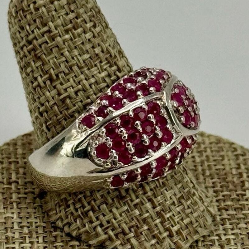 Sterling Silver Pink Stone/ Simulated Ruby Dome R… - image 2