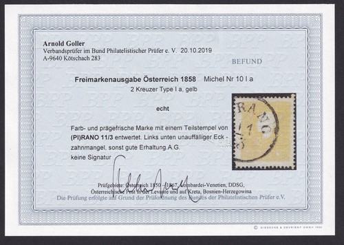 Österreich 2 Kr. gelb Mi.Nr. 10 I a gestempelt Befund BPP Mi.Wert 500 € (1113) - Picture 3 of 3