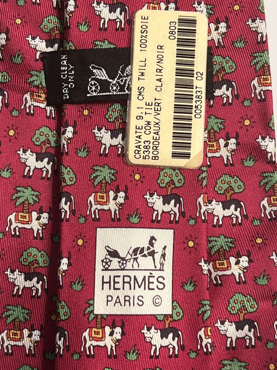 Hermes Tie, 5383 OA, Cows & Trees On Red 100% Silk, NWT In