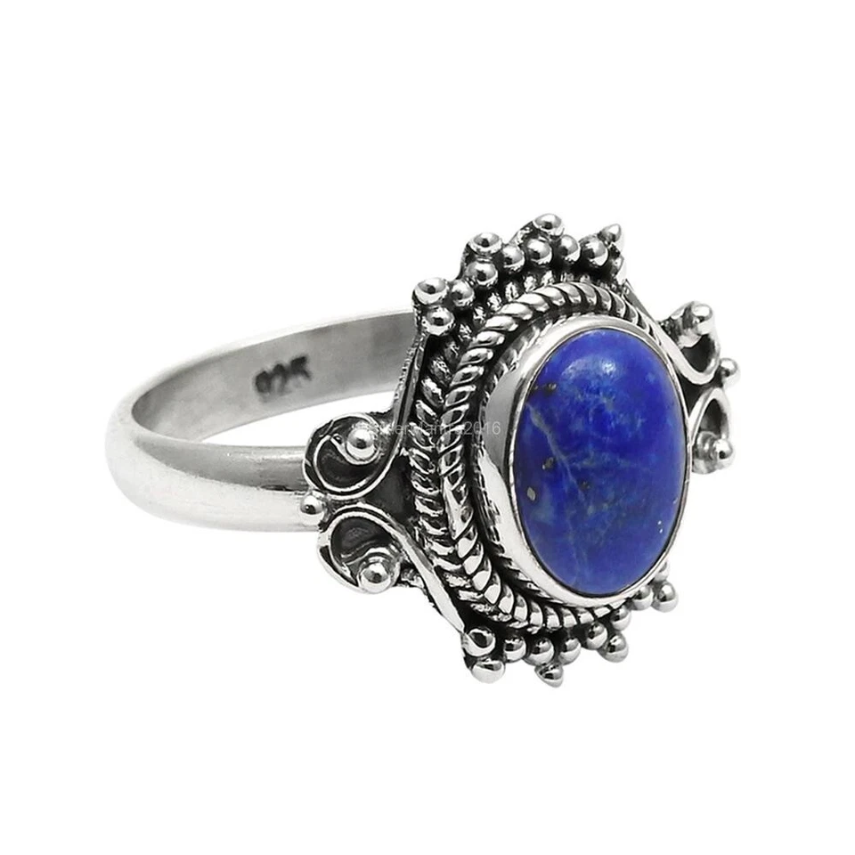 Anello Cocktail In Lapis Lazuli Con Bezel Regalo Di Natale In Argento 925 Us 8 - Immagine 3 di 4