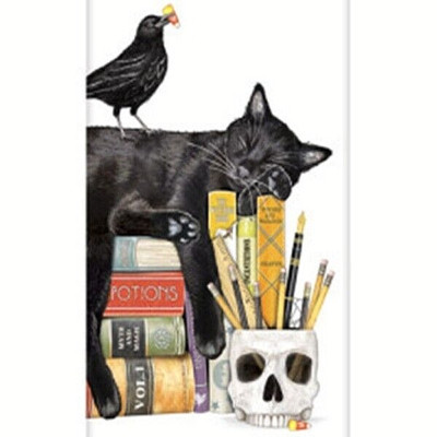 Mary Lake-Thompson Spooky Cat Magic Books Skull & Crow Flour Sack Kitchen Towel