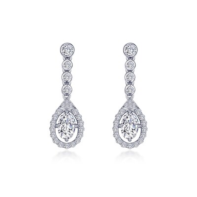 *BRAND NEW* Sterling Silver Platinum-Bonded with Diamond Oval Halo Drop Earrings
