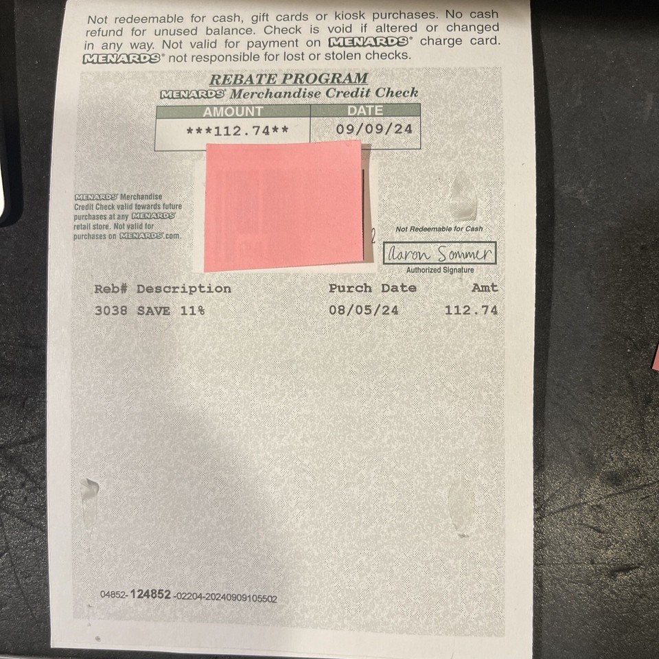 Menards Rebate Merchandise Credit Check Worth 112.74 eBay