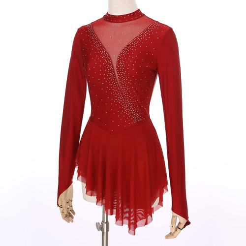 Women Shiny Rhinestone Ice Figure Skating Dress Long Sleeves Ballet Dance Dress - Picture 44 of 94