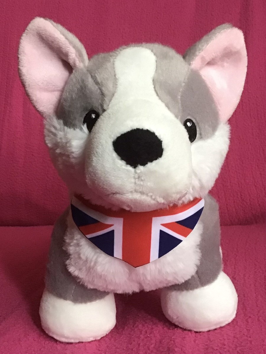 Aldi Grey White Corgi Dog In Bandana Soft Plush Toy 10”