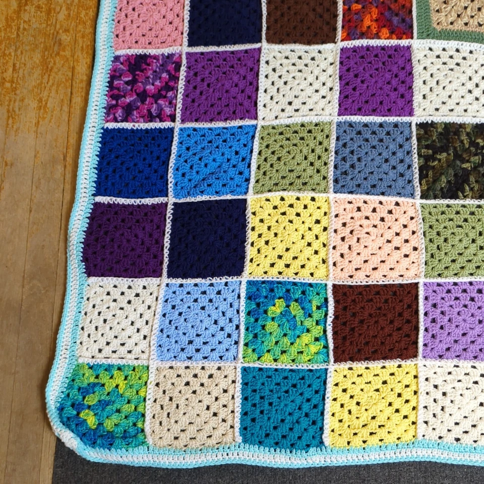 Handmade Crochet Afghan Throw Granny Square Bright Black Outline 83x65 Colorful  - Image 3 of 4