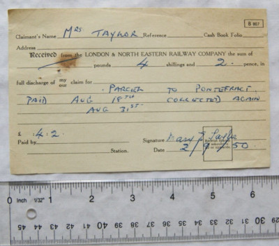 1950 London & North Eastern Railway receipt signed Mary E. Taylor
