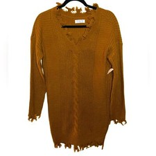 NWT Full Circle Trends Distressed Mustard Yellow Sweater Dress Size L