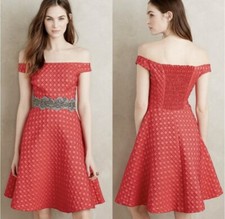 Anthropologie MOULINETTE SOEURS Red Minette Dress Fit & Flare Off Shoulder Sz 2