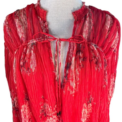 $128 Free People Women's Red Tie Neck Long Bell Sleeve Tunic Blouse Top Size XS - Picture 14 of 15