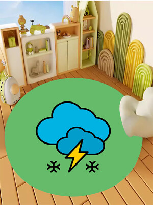 Cartoon Cute Kids Round Rug Blue Green Funny Lightning Cloud Print Area Rugs