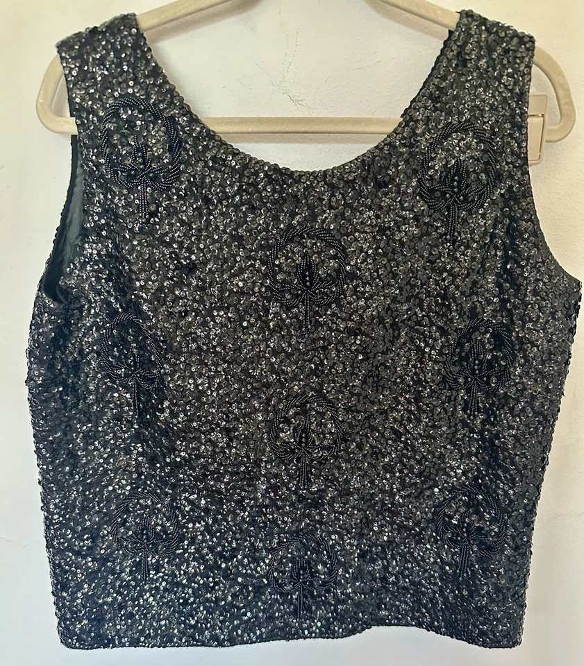 Top sin mangas vintage años 60 lentejuelas con cuentas cachemir negro flecos talla 42 Foto 3 de 4