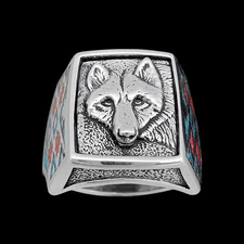 Wolf Ring with Turquoise and Red Coral Inlay • Posing Wolf Design • 925...