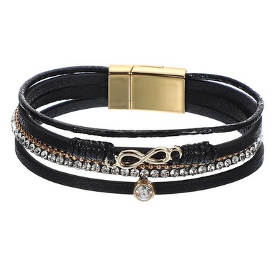Für Leather Wrap Armband mit Strass, Trendy Stackable Boho Manschette, Schwarz