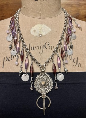 Fibula Berber Amulet & Moroccan coins Venetian Purple Rolo Tuareg Necklace 24 
