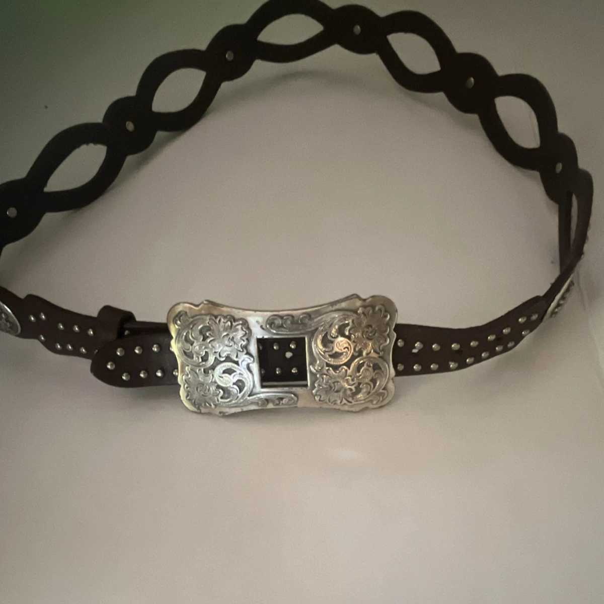 Vintage rare Black Studded Leather Belt with Ornate Silver Buckle Sz small A&G Rock n Roll 90s silver cross hand stitched belt size  main image 3
