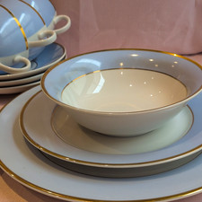 Vintage Royal Doulton Blue & White Band Gold Trim Dinner Set By Bruce Oldfield