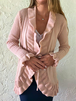 Cache Women s L Pink Rib-Knit Shawl Collar Ruffle Tie-Front Cardigan Sweater