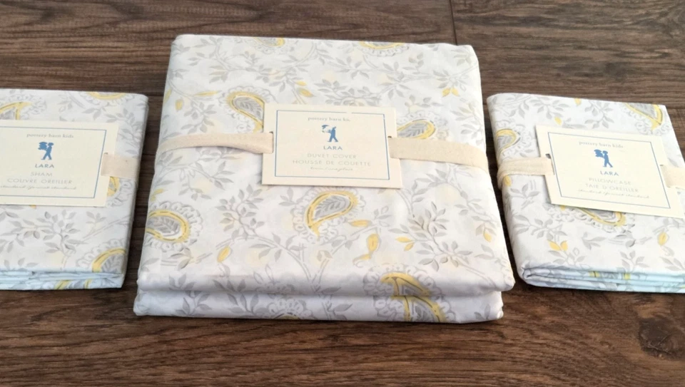 NUEVO TWIN Pottery Barn Kids LARA Paisley Gris Amarillo Funda Nórdica Funda de Almohada Falsa Foto 2 de 4