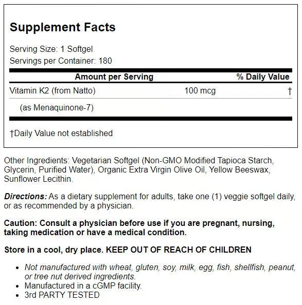 Vitamina K2 natural Healthy Origins como Mk-7 100 mcg 180 geles vegetales Foto 2 de 2