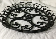 Vintage Spanish Black Wrought Iron Scroll Metal Fruit Bowl Shallow Basket MCM