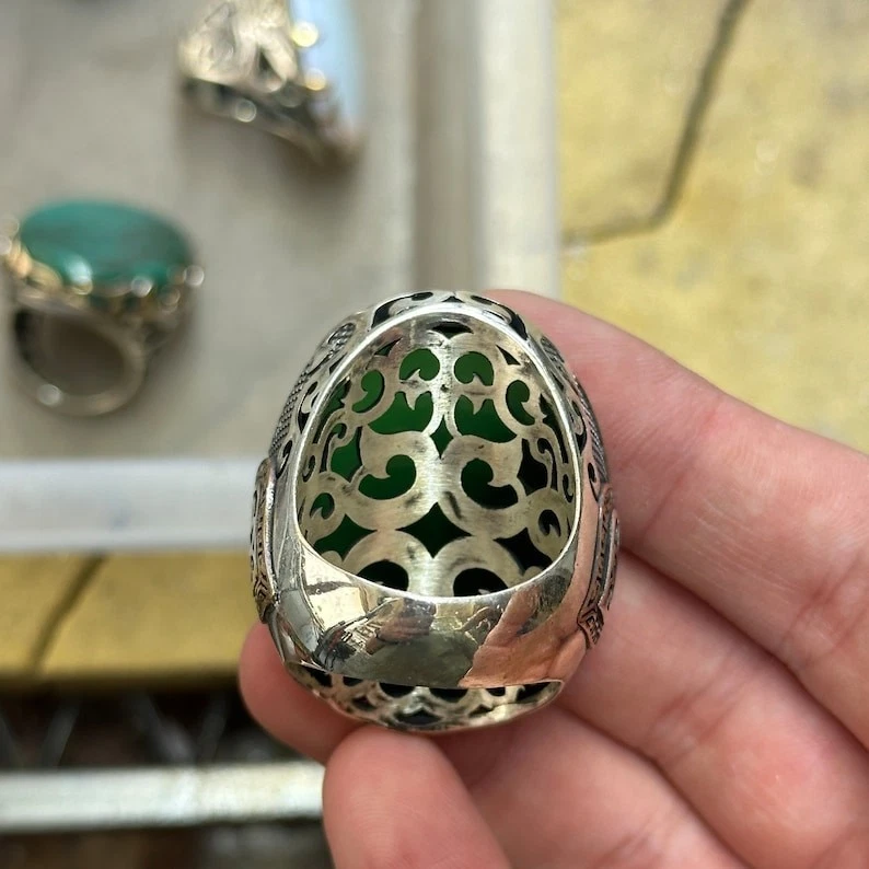 Anillo de piedra de ágata verde grande hecho a mano 925 para hombre, anillo de piedra de ágata natural Foto 4 de 4