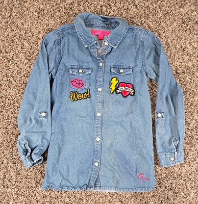 Betsey Johnson girl's Sz 7/8 button-down denim shirt w/ Patches